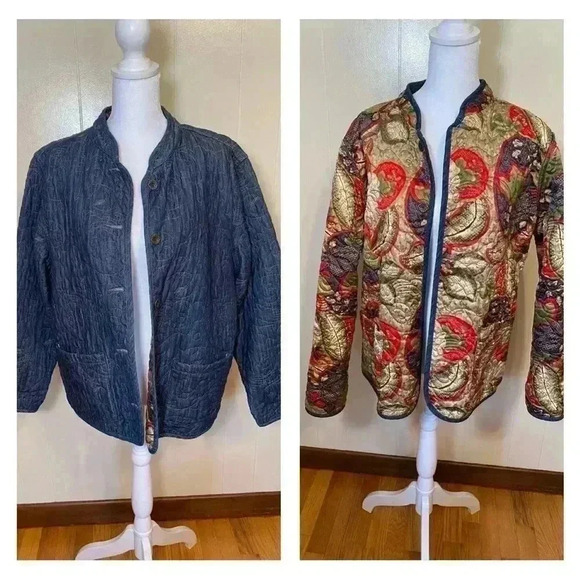 Woman’s Reversible Quilted Jacket Coat. Denim And Floral. Size L/XL. - Picture 1 of 10